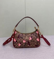 New NEW COACH Teri Shoulder Bag Signature Canvas Cherry Print RED Brown