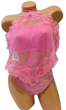 Victoria's Secret Sheer Mesh Teddy W/ Lace Pink Bodysuit Halter Neck Size XL