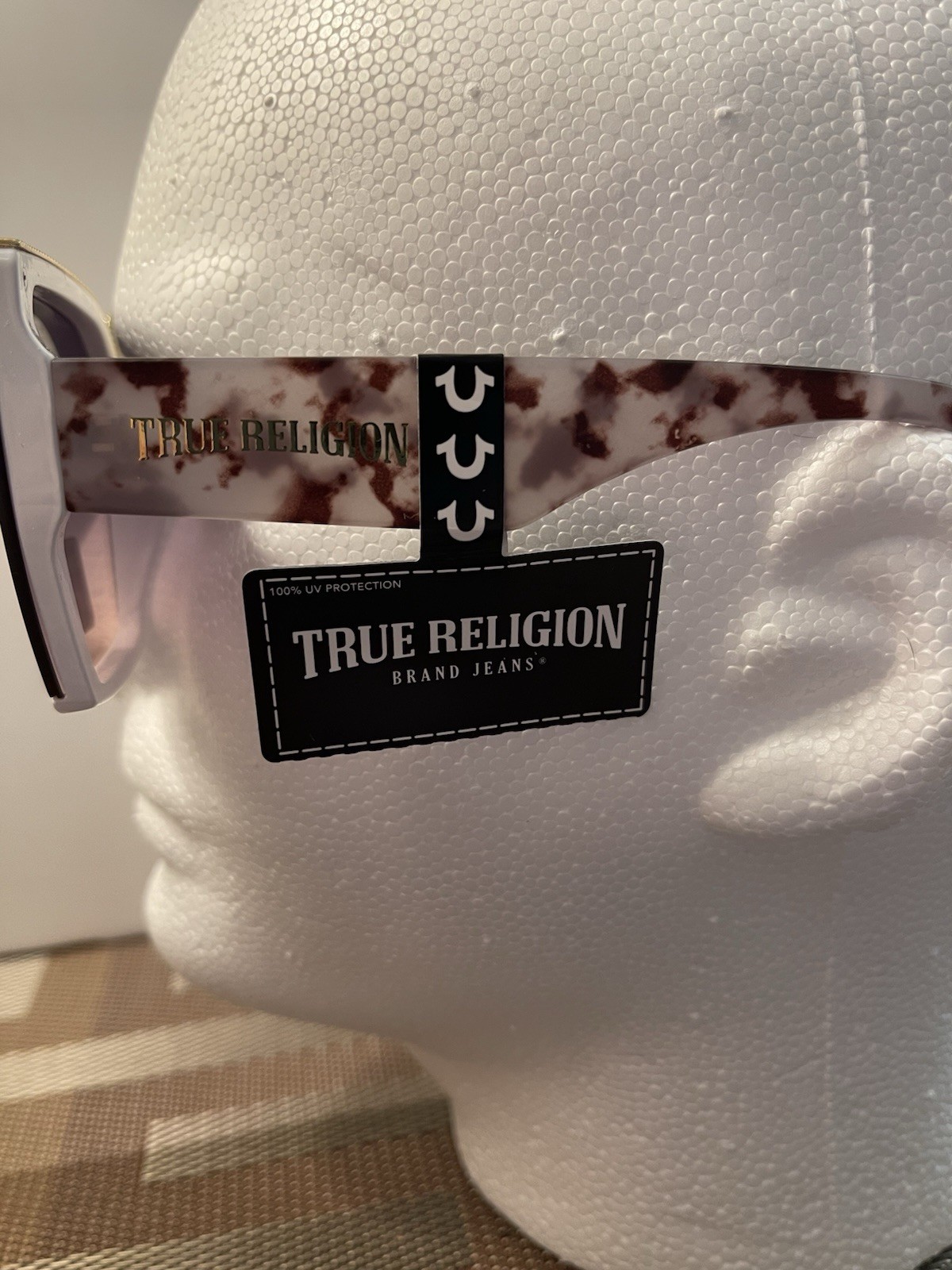 TRUE RELIGION Women’s White Frame Sunglasses Oversized Gold Accent Marbled Arms  thumbnail 3