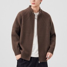 Pull Homme Tricot Duvet Zip Intégral Laine Cardigan Col Rond Manches Longues