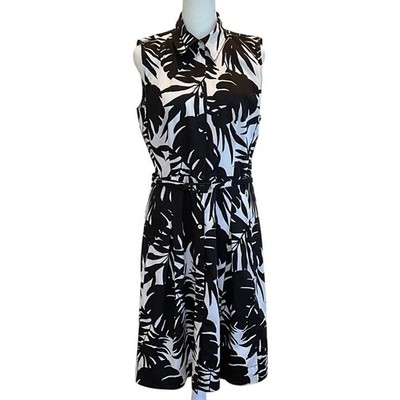 Talbots Womens 10P Petite Black White Tropical Palm Leaf Belted Shirt Dress