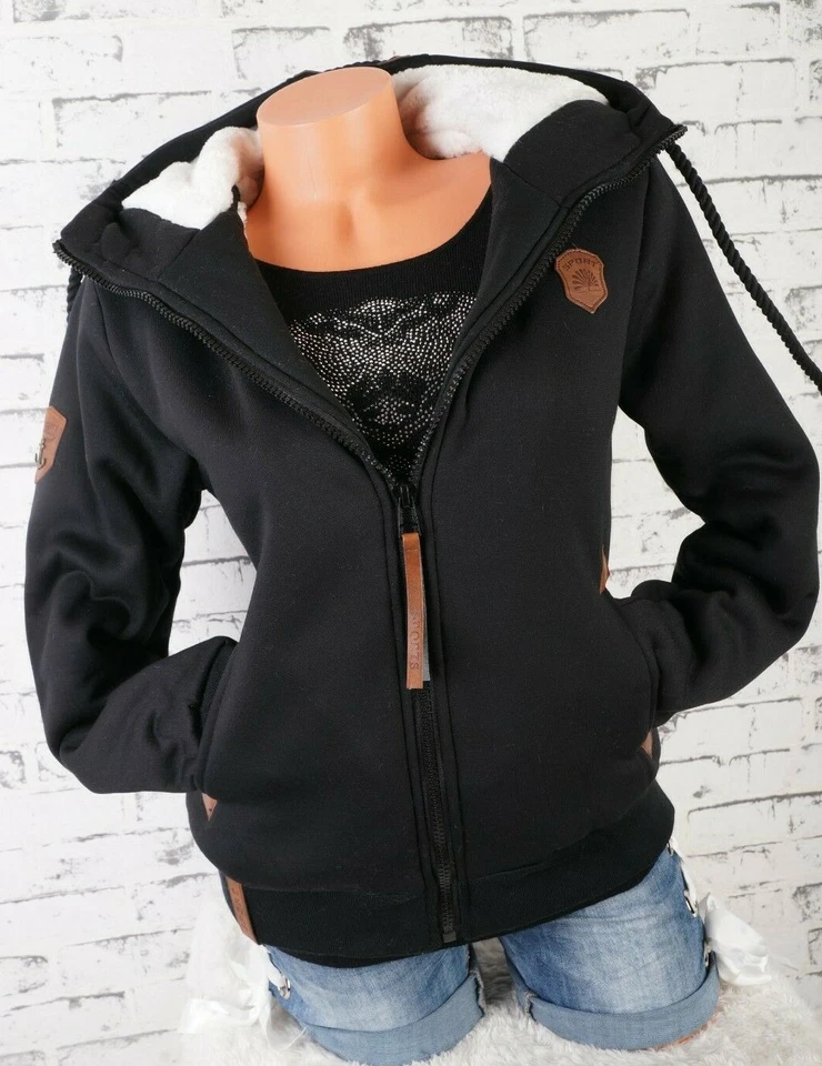 Damen Sweat Jacke Hoodie Kapuze dick gefüttert Teddyfell Futter UNI M - 3XL - Bild 3 von 4