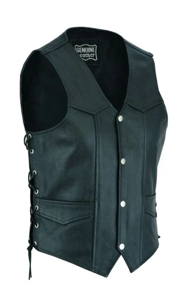 Chaleco de motocicleta True Grit negro blindado para hombre estilo 10 bolsillos delantero 4 botones Foto 3 de 4