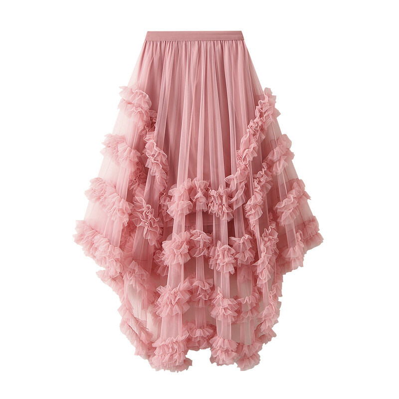 Women Irregular Ruffle Mesh Tutu Skirt Pleated Elastic Waist Midi