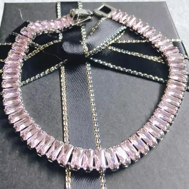 Pulsera Tenis Regalo para Ella Baguette Simulado Zafiro Rosa Acero Inoxidable Foto 2 de 4