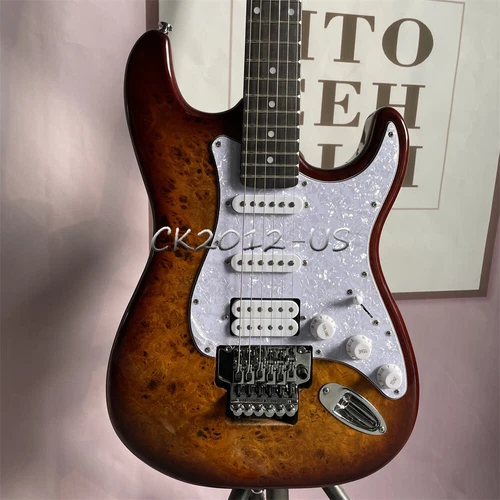 Burl Maple Top ST Electric Guitar Trans Brown Burst SSH Solid Body Floyd Rose