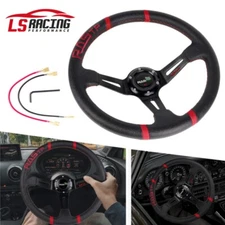 14" Universal Deep Dish Racing Steering Wheel PU Leather 6 Hole & Horn Button
