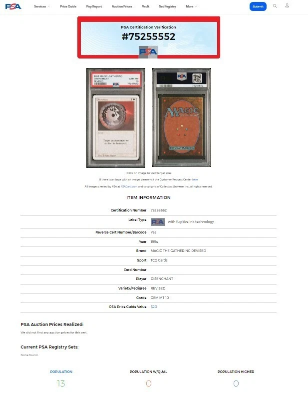 1994 MtG Magic the Gathering Revised Disenchant Vintage PSA 10 Gem Mint POP 13 - Image 3 of 4