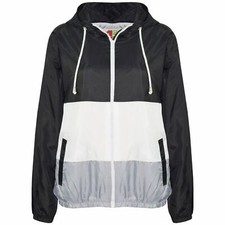 Kids Boys Girl Contrast Panel Black Windbreaker Hooded Jackets Rain Mac Raincoat