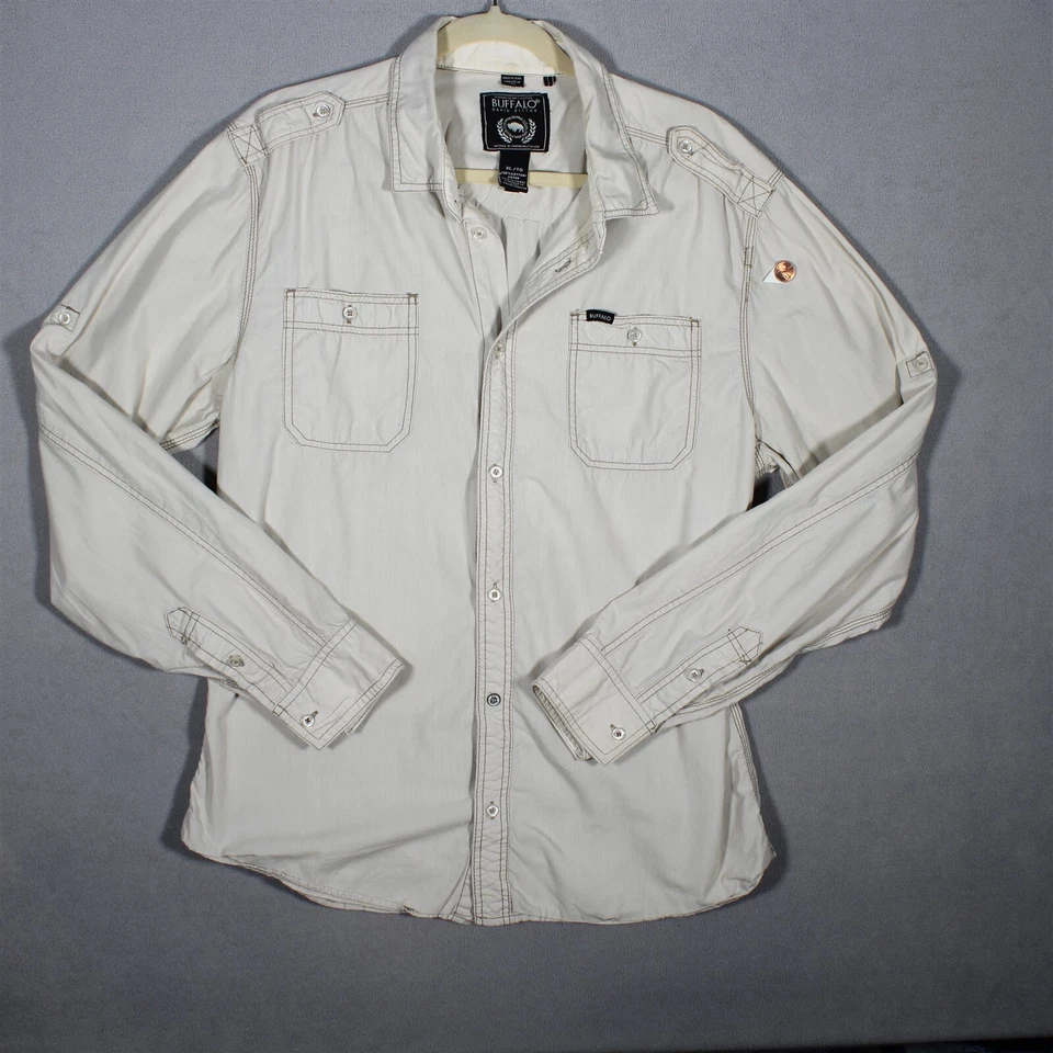 Camisa Buffalo David Bitton Para Hombre Extra Grande Abotonada Manga Larga Beige Sólida Foto 2 de 4