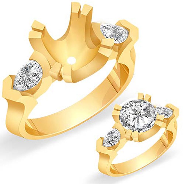 0.60 Ct Pear Three Stone Diamond Round Setting Anniversary Ring 14k