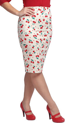 Collectif POLLY CHERRY LOVE Vintage Kirschen Herzen PENCIL SKIRT Rock Rockabilly