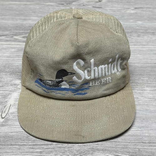 Vintage Schmidt Beer Loon Mesh Trucker Hat Cap Snapback Made USA Spartan 80s Tan