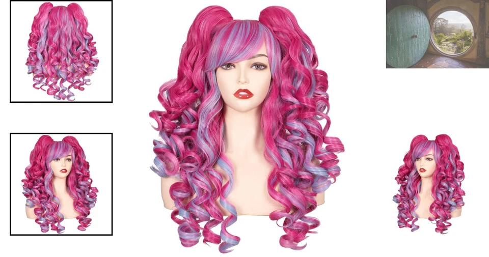 Peluca Cosplay Larga Rizada con 2 Colas de Caballo en Rosa Caliente y Azul - Gorra Ajustable Foto 2 de 4