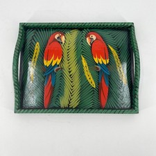 Parrots brightly painted serving tray 14&rdquo; x 11&rdquo; green red tropical tiki