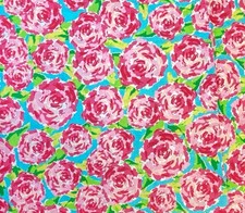 Pink Roses on Blue Fabric by Fabric Traditions, BTHY, Floral Print Quilting