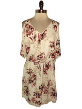 WHITE HOUSE BLACK MARKET Sz 10 Blouson Dress Ivory Burgundy Floral Cold Shoulder