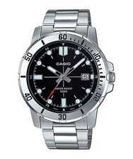 Casio Men  s Silver Stainless Steel Watch with Black Dial - MTP-VD01D-1EVUDF