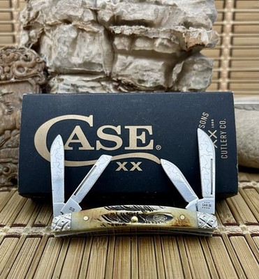 Case XX USA Beautiful Custom 6.5 BONE STAG Engraved Small Congress Knife #23