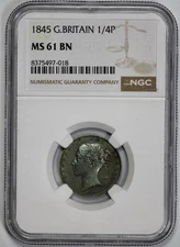 1845 Great Britain 1/4P Farthing NGC MS 61 BN