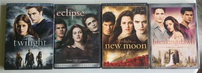 Twilight Saga DVDs, 2-disc Twilight, New Moon, and Breaking Dawn pt 1, + Eclipse