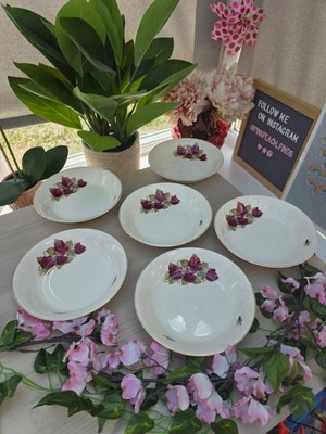 6 x Vintage Rosenmuster flache Suppe Dessert Keramik Steinzeug Schüsseln - 7,75''