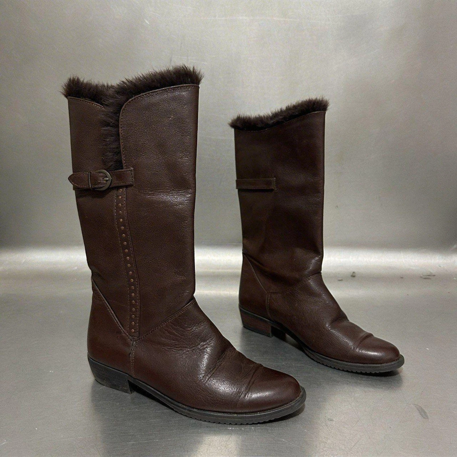 Dark Brown Leather Knee High Boots Fur Trim Riding Moto Y2K