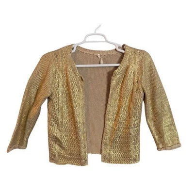 Willow & Clay Gold Metallic Knit Open Front Cardigan Sweater 3/4 Sleeve - Image 1 of 4