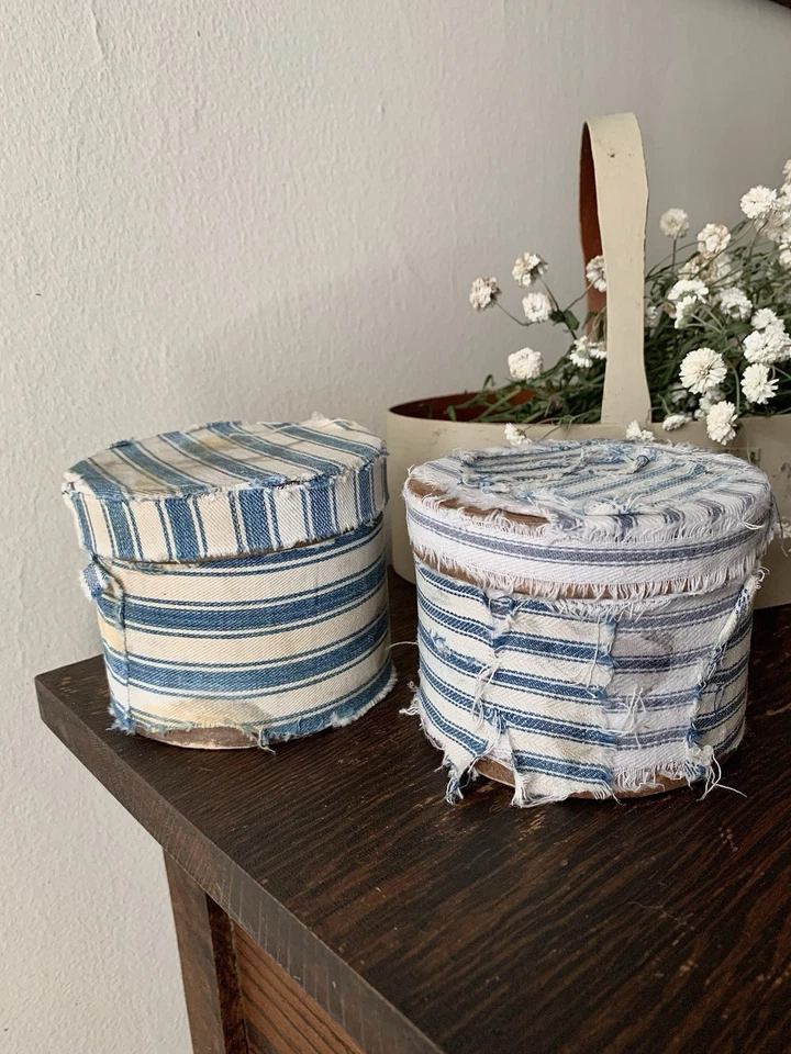 Fabric Covered Boxes With Vintage Blue Ticking Fabric Primitive Shabby Cottage - Image 3 of 4