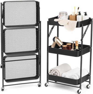 3-stufiger faltbarer Beauty Trolley Wagen auf Rollen - Schwerlast Metall Aufbewahrung Organisation