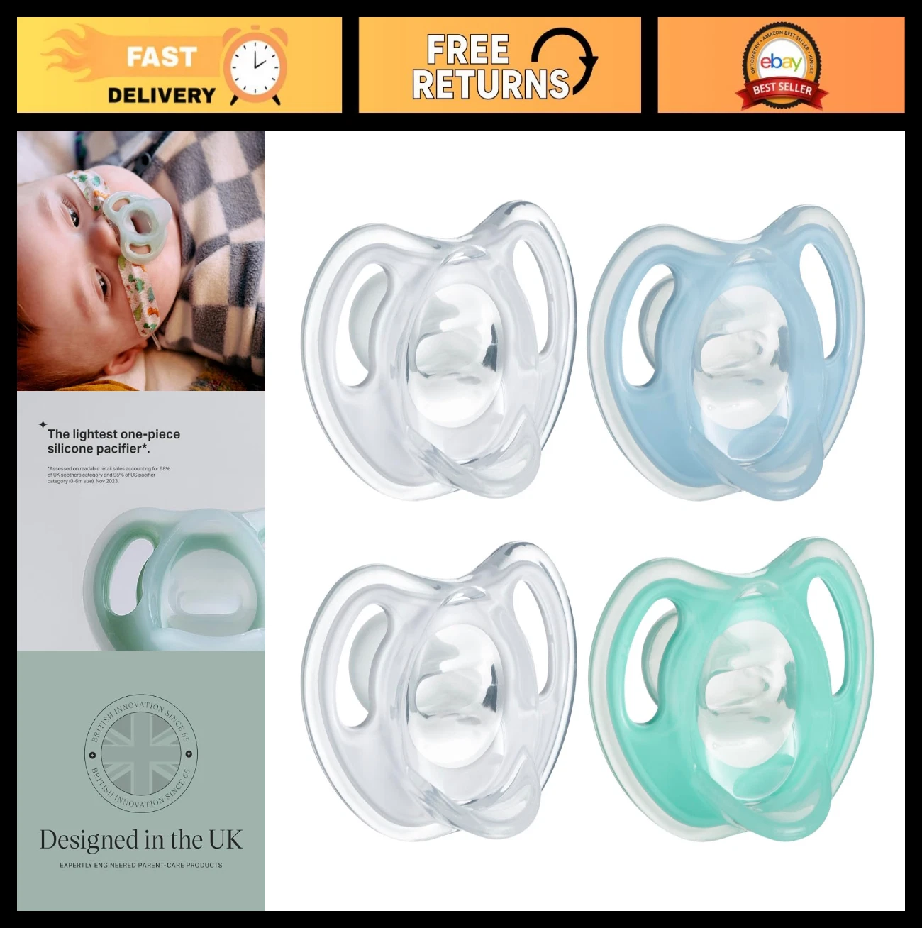 Ultra-Light Silicone Pacifiers 0-6 Months, BPA-Free, Symmetrical Design, 4 Pack
Opens in a new windo
