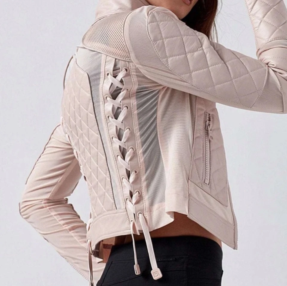 Blanc Noir Women's Light Pink Leather Mesh Moto Jacket Medium NWT $279 - Image 2 of 4