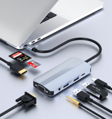 Type C to Earphone Jack HDMI USB3.0/2.0 PD VGA TF/SD 8in1 Docking Station Hub