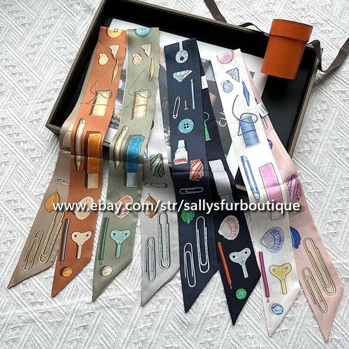 Sallys 100% Silk Scarf Ribbon Clips Print Slim Bag Head Band Neck Tie 85x5cm