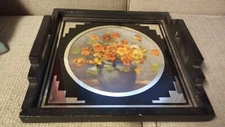 Vanity Tray Vintage Wood W/Glass W/Floral Image Under Mirror Frame W/Black Trim 
