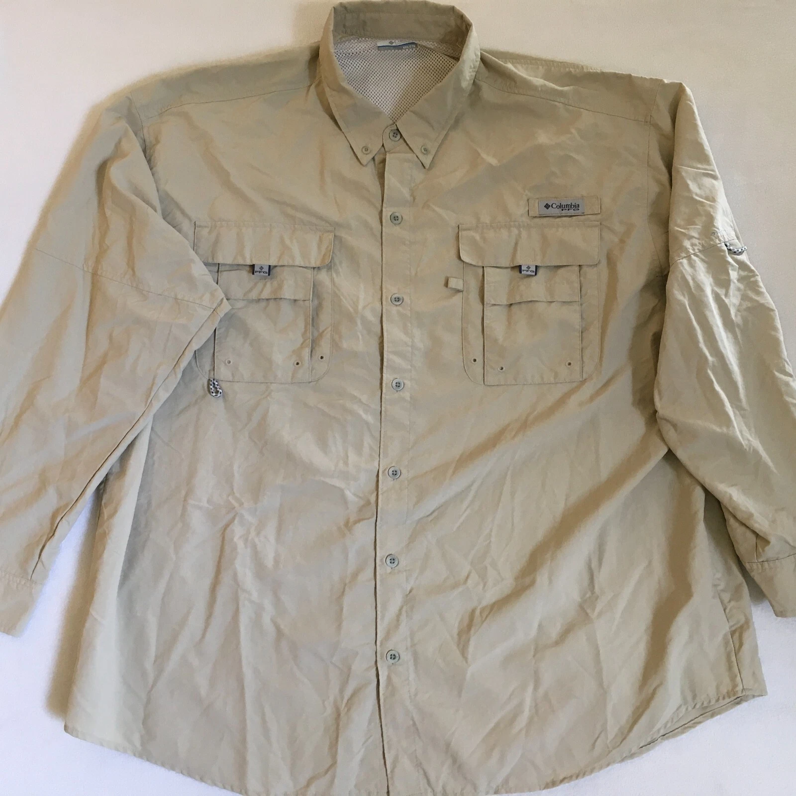 Columbia PFG Men's Beige Tan Vented Roll Tab Sleeves Pockets L/S Shirt Size XXL