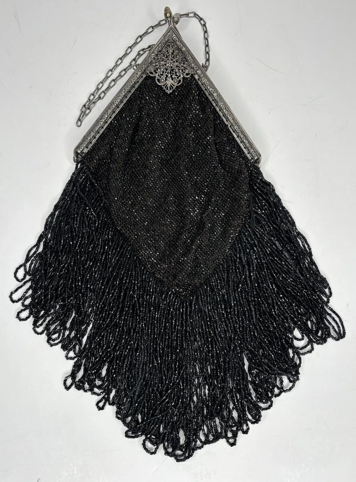 1920-х годов Flapper сумочки ар-деко черный бисер бахрома с подкладкой металлическая рама треугольный - Изображение 3 из 4