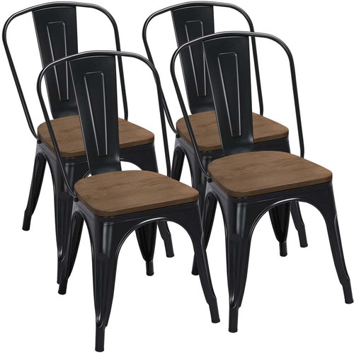 Metal Stackable Dining Chairs W/ Wooden Seat Set of 4 Black 330lb Load Capacity