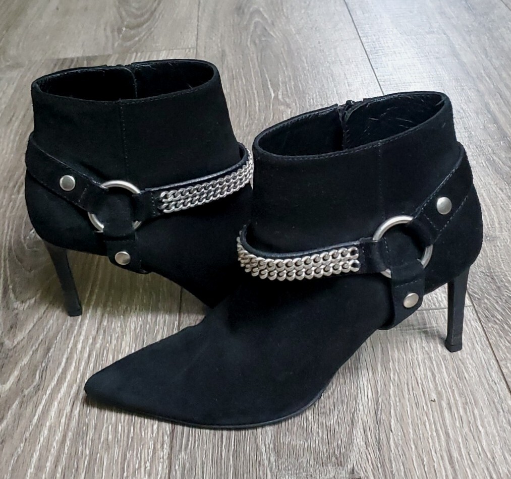 STIVALETTI SAINT LAURENT NERI IN PELLE SCAMOSCIATA DOPPIA CATENA.