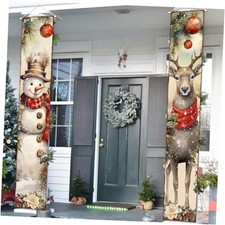 Christmas Porch Sign Banner Merry Christmas Snowman Deer Door Banner for Xmas