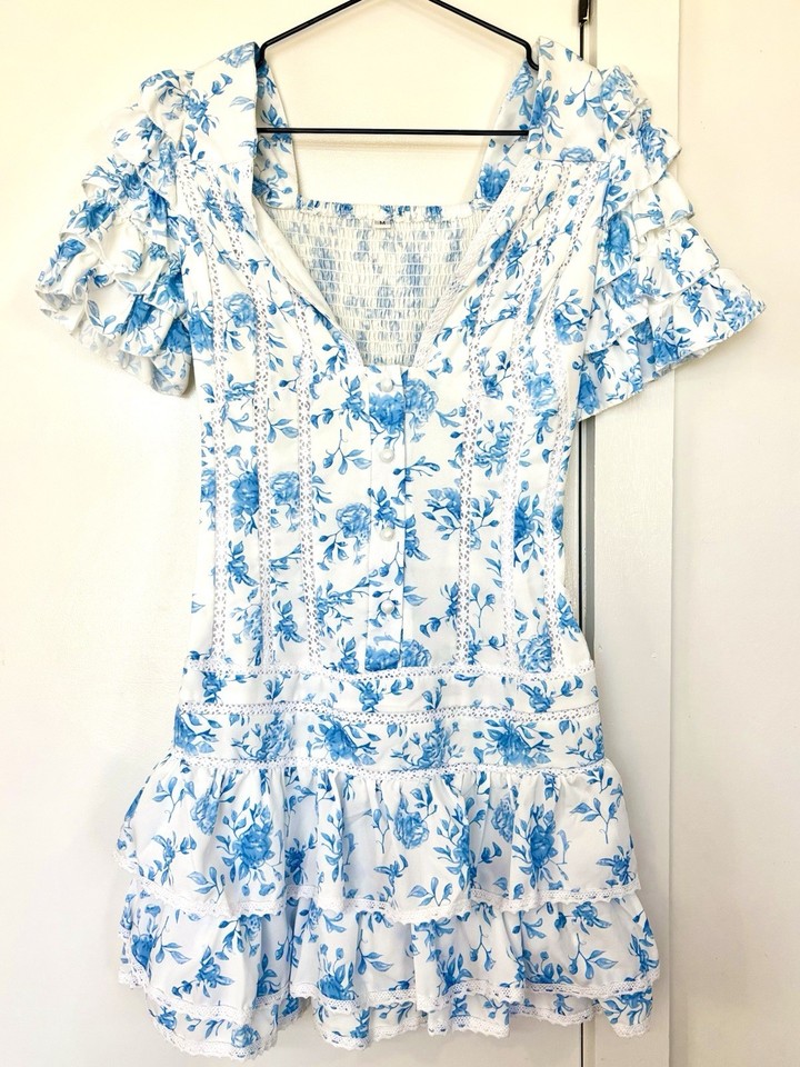 Blue Sundress - Floral - Puff Sleeve - size M