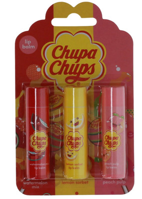 Chupa Chups Trio Lip Balm Set - Watermelon Mix, Lemon Sorbet, Peach Pulp