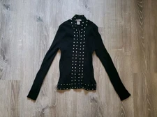 VTG Kenar Womens S Fitted Sweater Studded Edgy Full Zip Black Ribbed Stretchy 