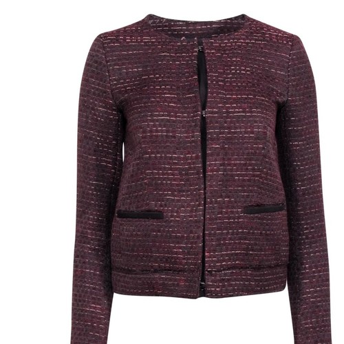 MASSIMO DUTTI BURGUNDY WINE WOMEN'S TWEED CROPPED BLAZER JACKET