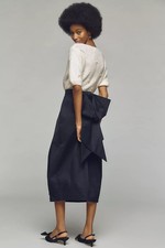 ANTHROPOLOGIE 170 Maeve Sculpted Back Bow Midi Solid Navy Skirt Size 14