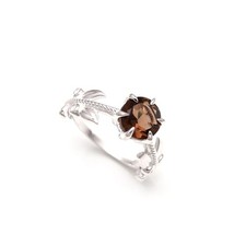 Natural Smoky Quartz Round Shape Leaf Ring 925 Sterling Silver Wedding Jewelry
