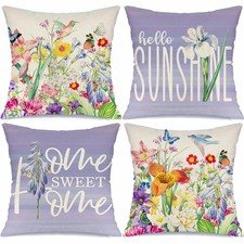 Spring Summer Bird Butterfly Floral Purple Throw Pillow Covers 18x18 Set of 4...