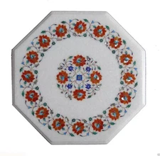 15" marble corner side table top semi precious stones art inlay