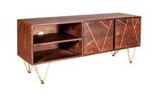 Solid Dark Wood & Gold Coating Metal Legs 2 Shelves & 2 Doors Plasma Media Unit