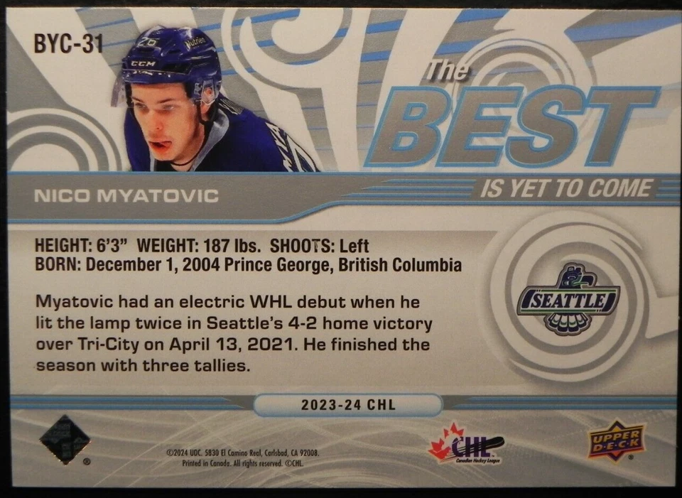2023-24 23/24 Upper Deck CHL The Best is Yet to Come BYC-31 Nico Myatovic - Image 2 of 2